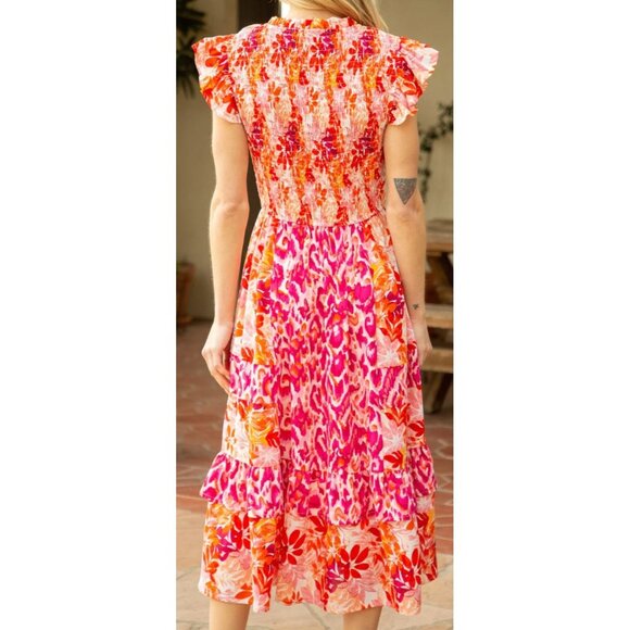 NWT Voy Pink/Orange Floral Smocked Midi Dress With Ruffled Sleeves~SMALL - Picture 2 of 9
